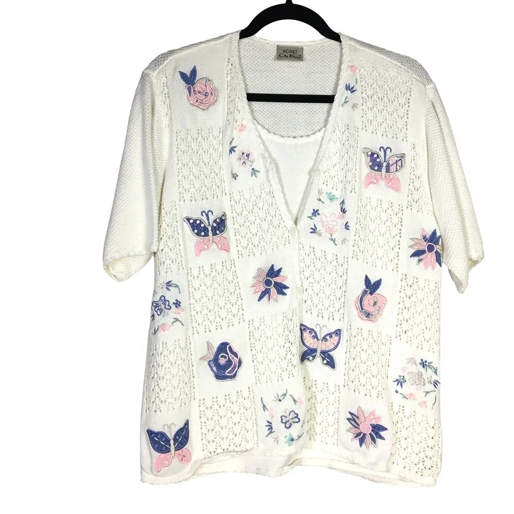 KORET City Blues White Cardigan Sweater Applique‎ Butterfly Flowers Short Sleeve